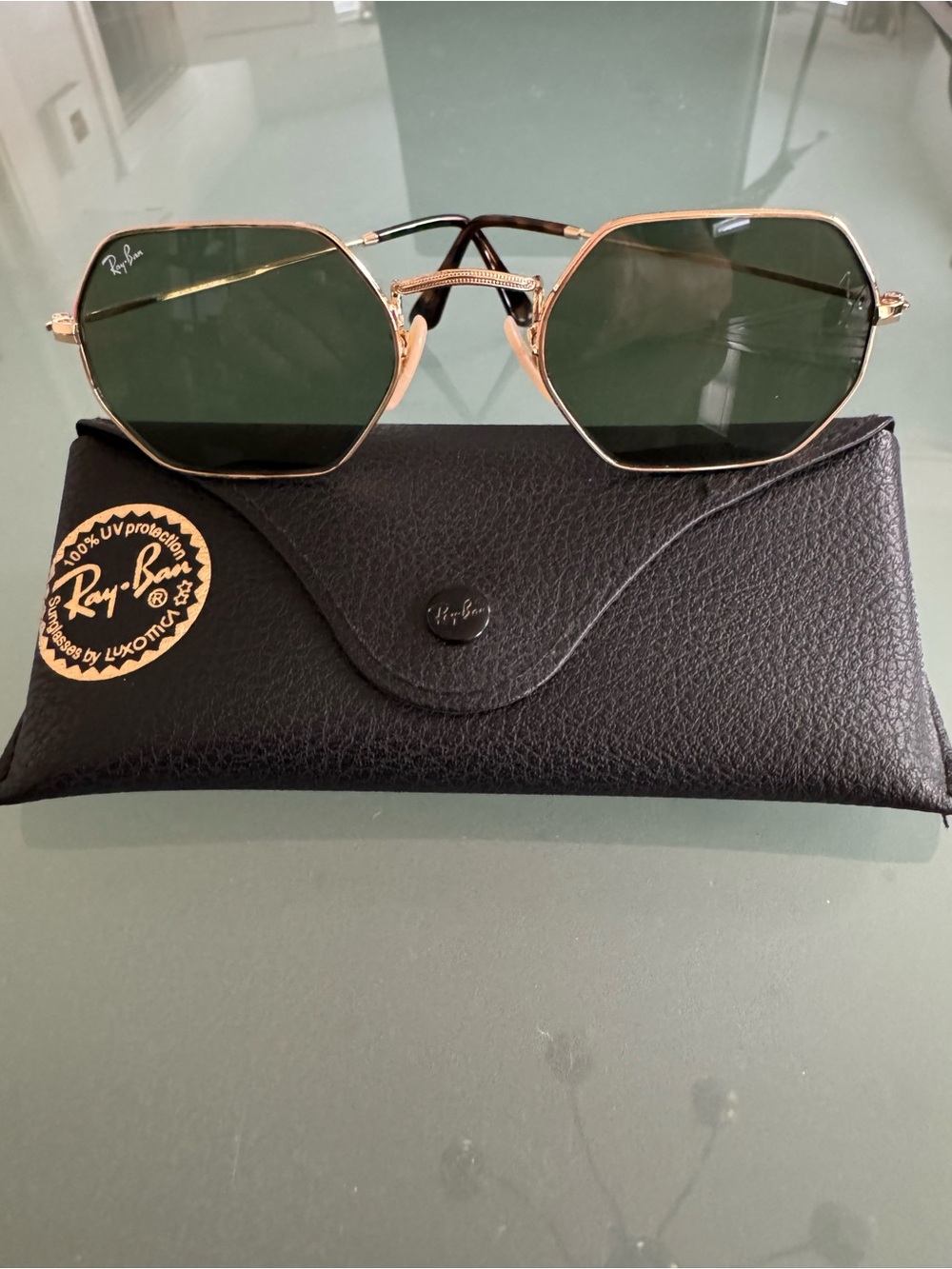Ray-Ban Gold Frame with Green Lenses Geometric Sunglasses